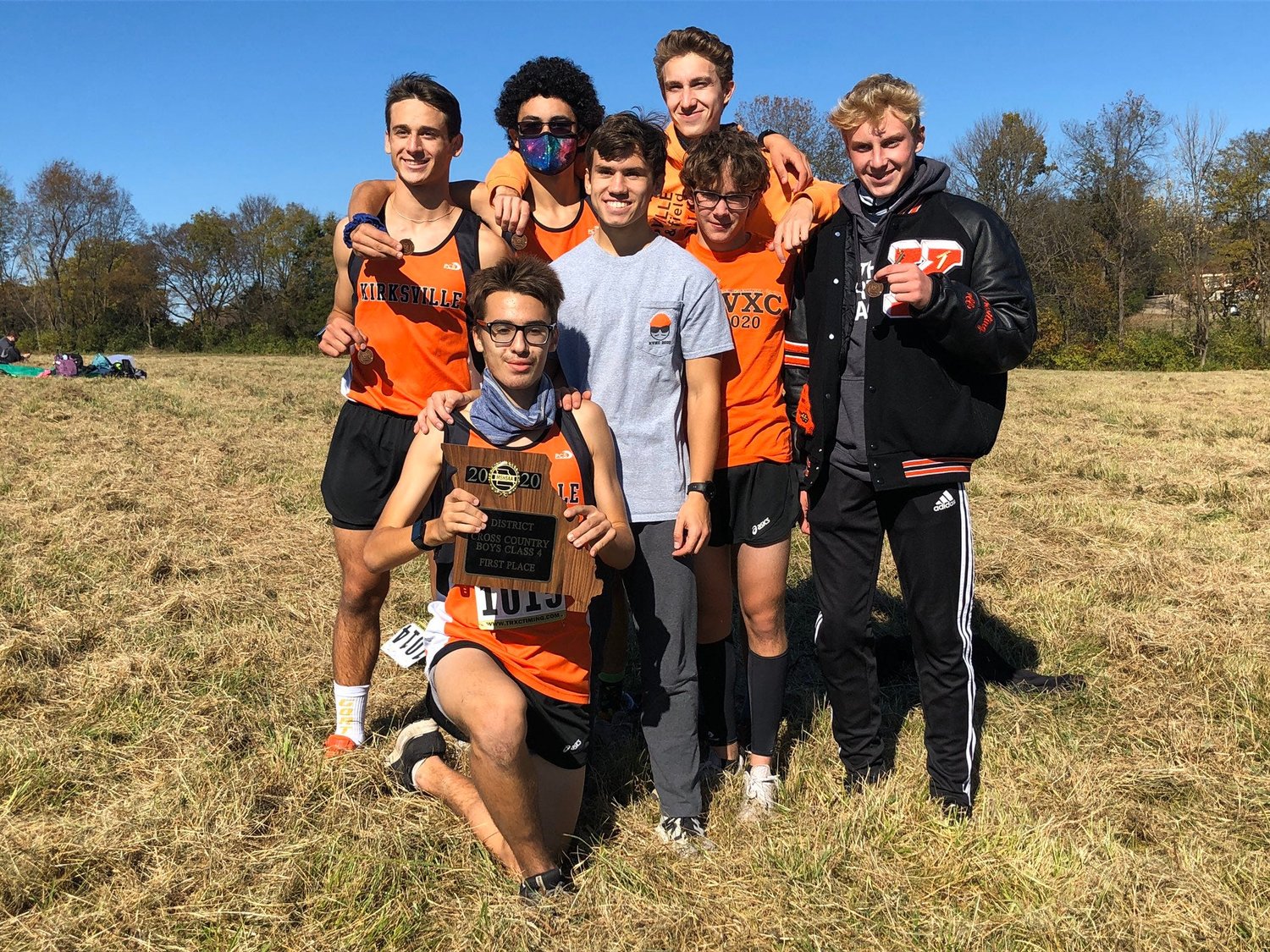 The Kirksville boys cross country team poses with its Class 4 District 4 championship on Saturday. Pictured left to right: Patrick Ranson, Jacob Spray, Kevin Crooks, Jack Marlin, Evan AuBuchon, Samuel Amerman and Dominic Cahalan.