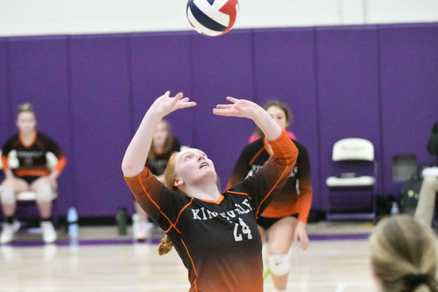 Kirksville's Jenny Lamp keeps the ball alive during Tuesday's district title match against Mexico.