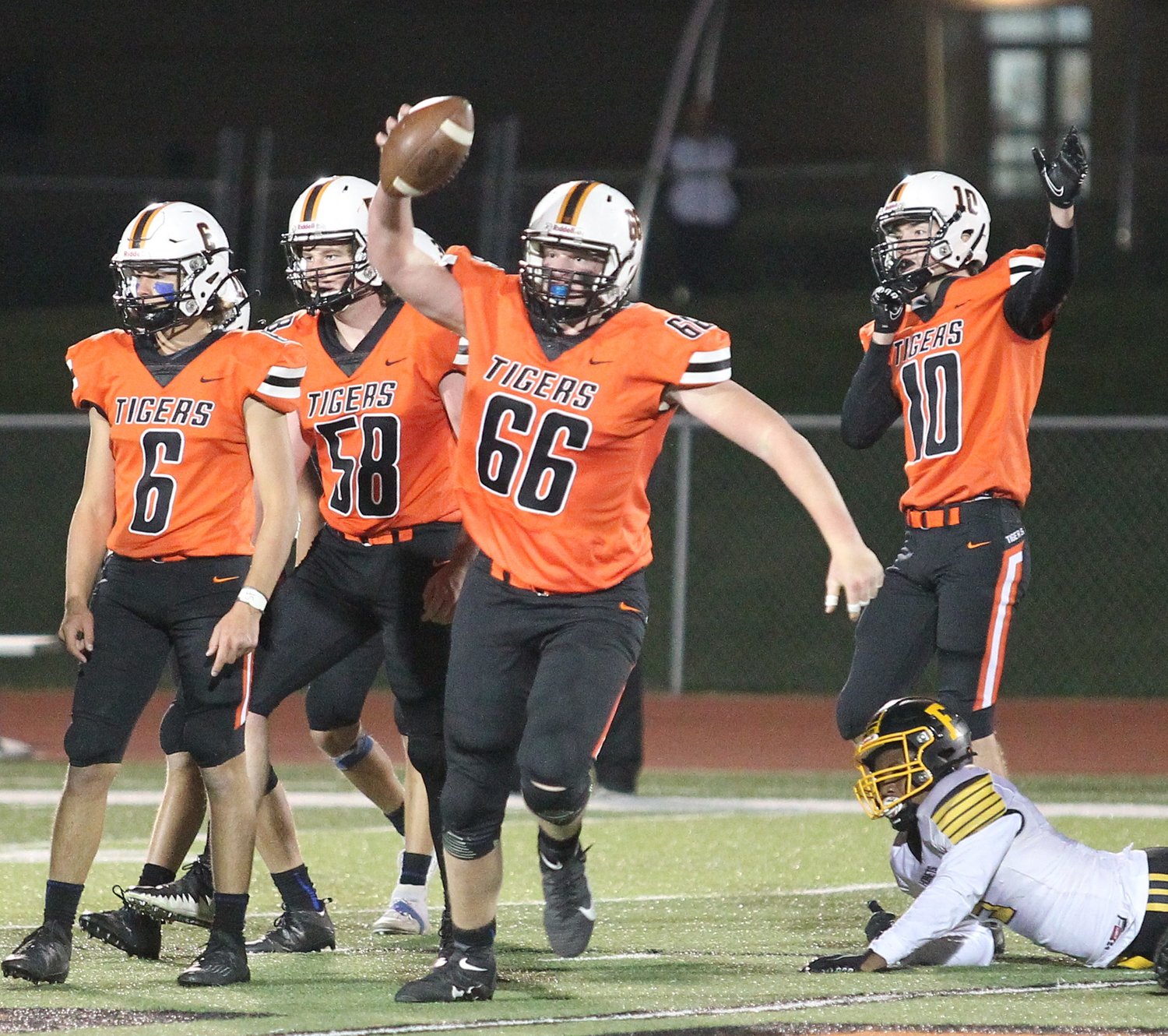 Kirksville's Owen Fraser celebrates a fumble recovery last year in a 33-0 win against Fulton.