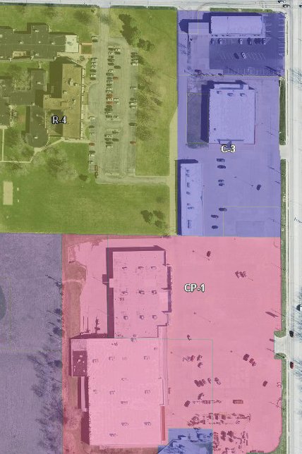 A map of how the Kirksville Renaissance strip mall is currently zoned. The former Gordmans is part of a C-3 zone, while the former JC Penney is in a CP-1 zone.