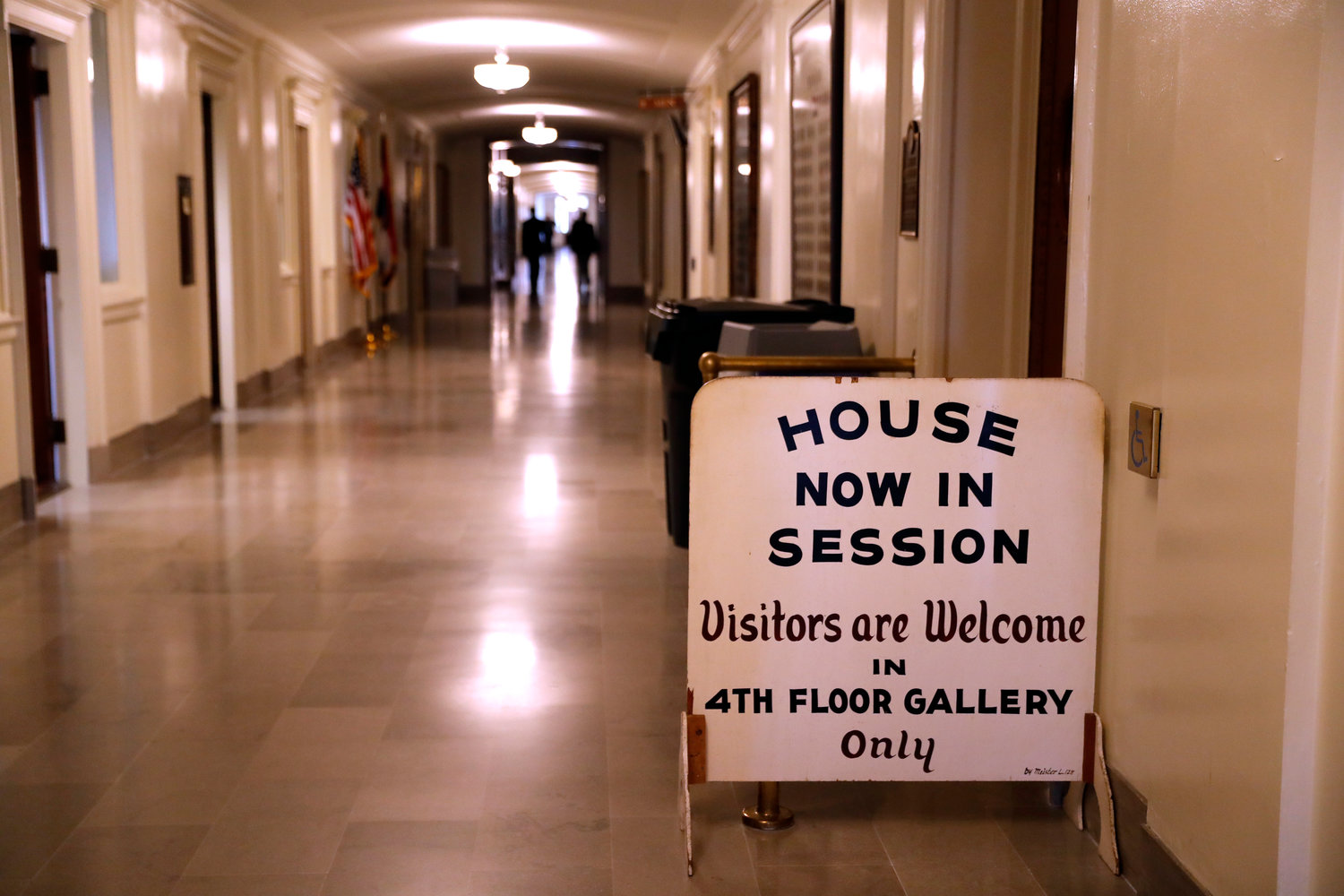 A sign is seen outside the House chamber at the Missouri capitol on the final day of the regular legislative session Friday, May 18, 2018, in Jefferson City, Mo. (AP Photo/Jeff Roberson)