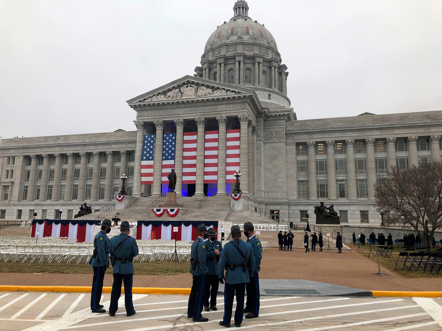 Members of the Missouri State Highway Patrol gather outside the state Capitol on Monday, Jan 11, 2021, as final preparations are made for the inauguration of Missouri Gov. Mike Parson in Jefferson City, Mo. (AP Photo/David A. Lieb)