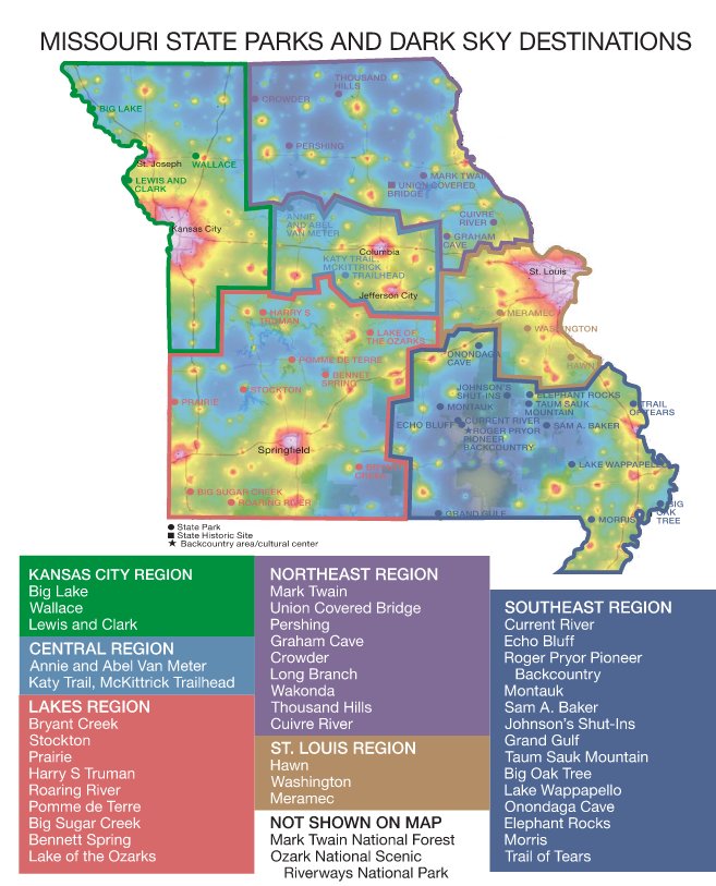 A map of good stargazing sites in Missouri and light pollution across the state.