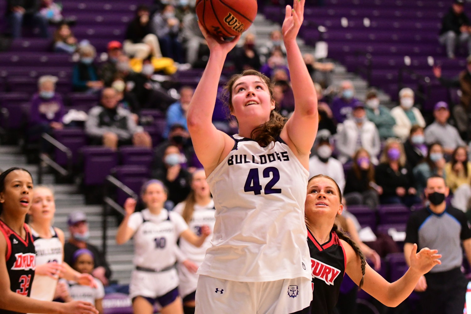 Truman senior forward Allison Thomas puts up a layup Monday against Drury, where she set a new personal single-game scoring record with 19 points.