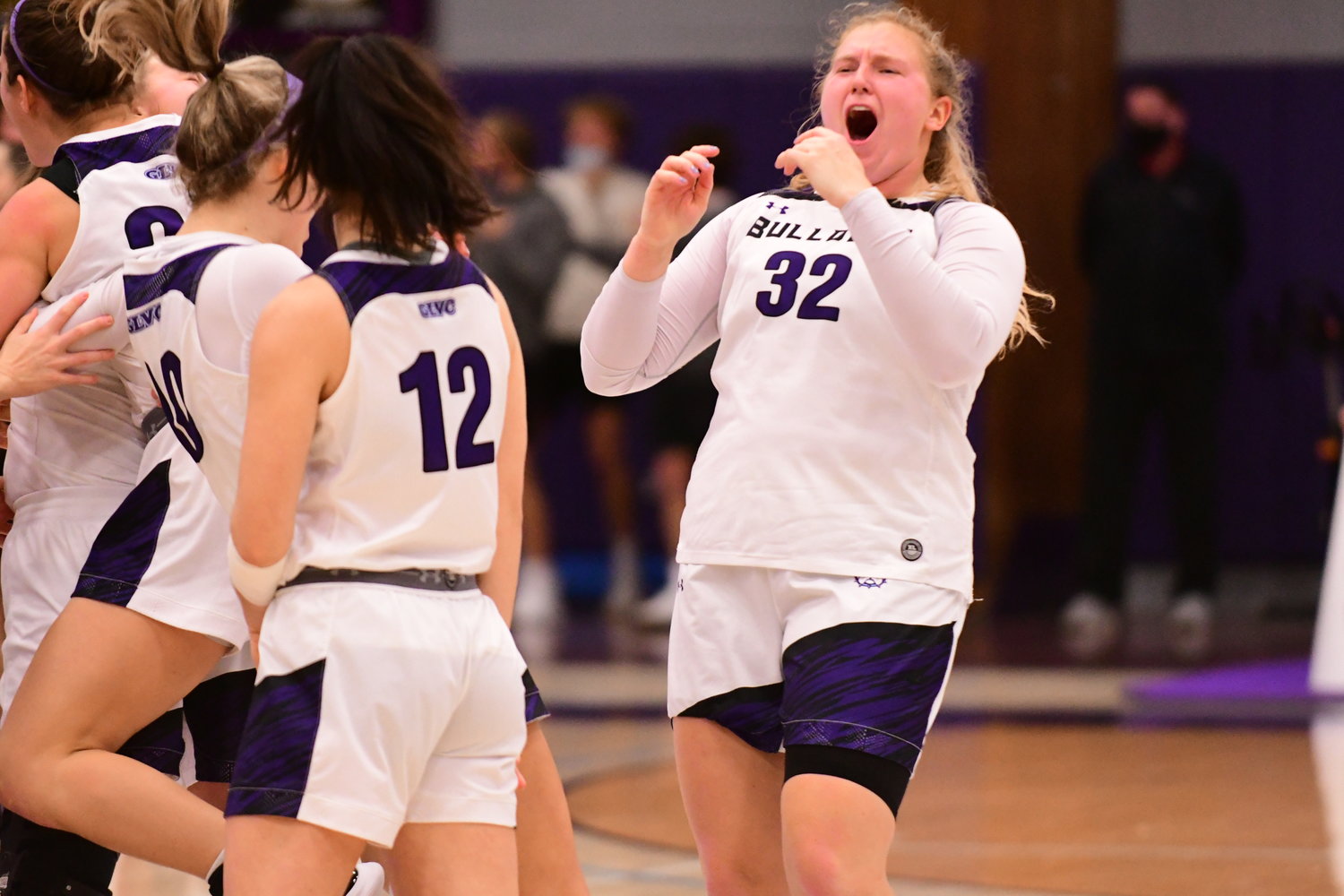 Truman's Ellie Weltha reacts after a 67-66 win over top-ranked Drury.