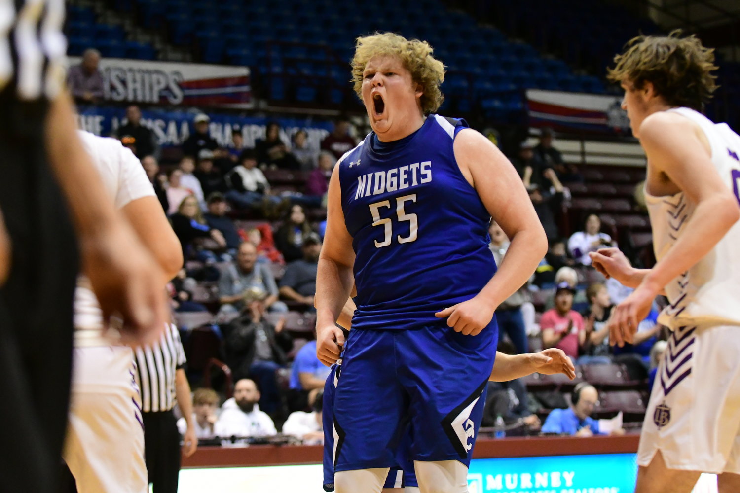 Putnam County's Landon Wood reacts after a basket against Bishop LeBlond in a Class 2 third-place game at the 2022 MSHSAA Show-Me Showdown.