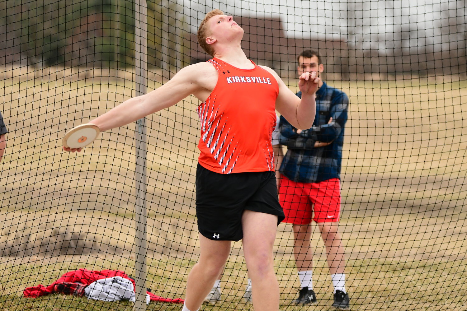 Kirksville's Owen Fraser competes during the discus event at Monday's Snowshoe Classic.