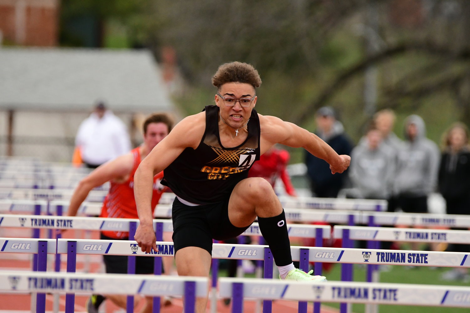 Green City's Asher Buggs-Tipton runs during the boys 110m hurdles race at Tuesday's Truman State High School Invitational. He set a meet record with a time of 14.85 seconds.