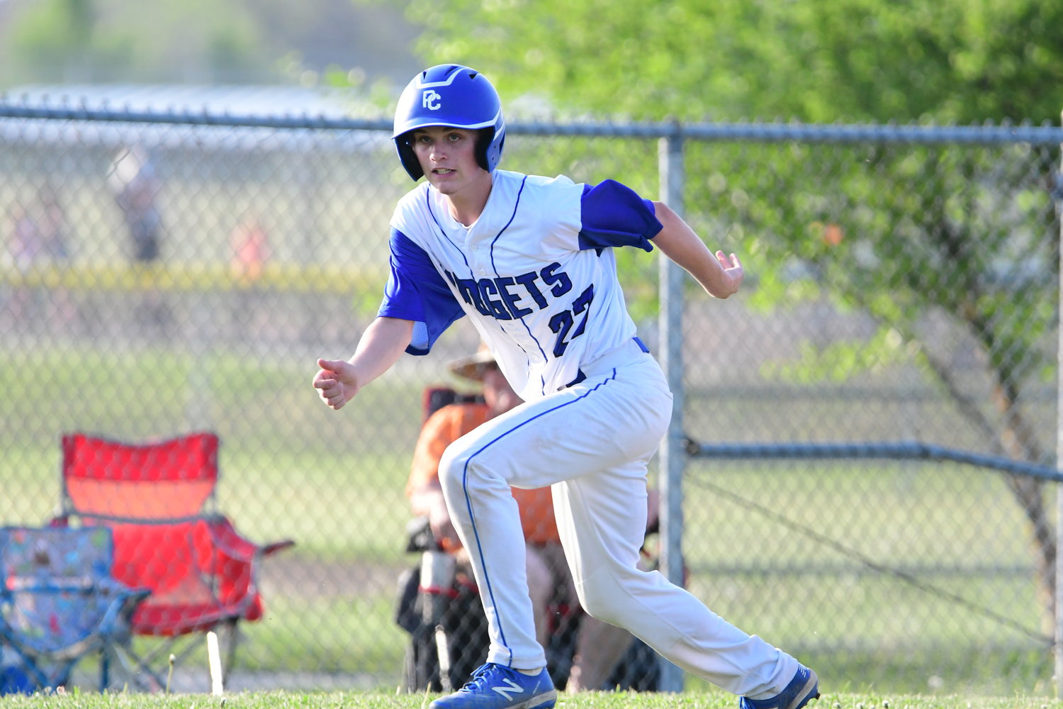 Putnam County's Brayden McReynolds takes a lead on third base during a game against Kirksville on May 11, 2022.