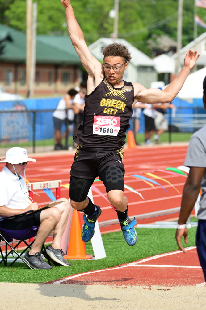 Green City's Asher Buggs-Tipton competes in the Class 1 boys long jump at the 2022 MSHSAA State Track Championships.