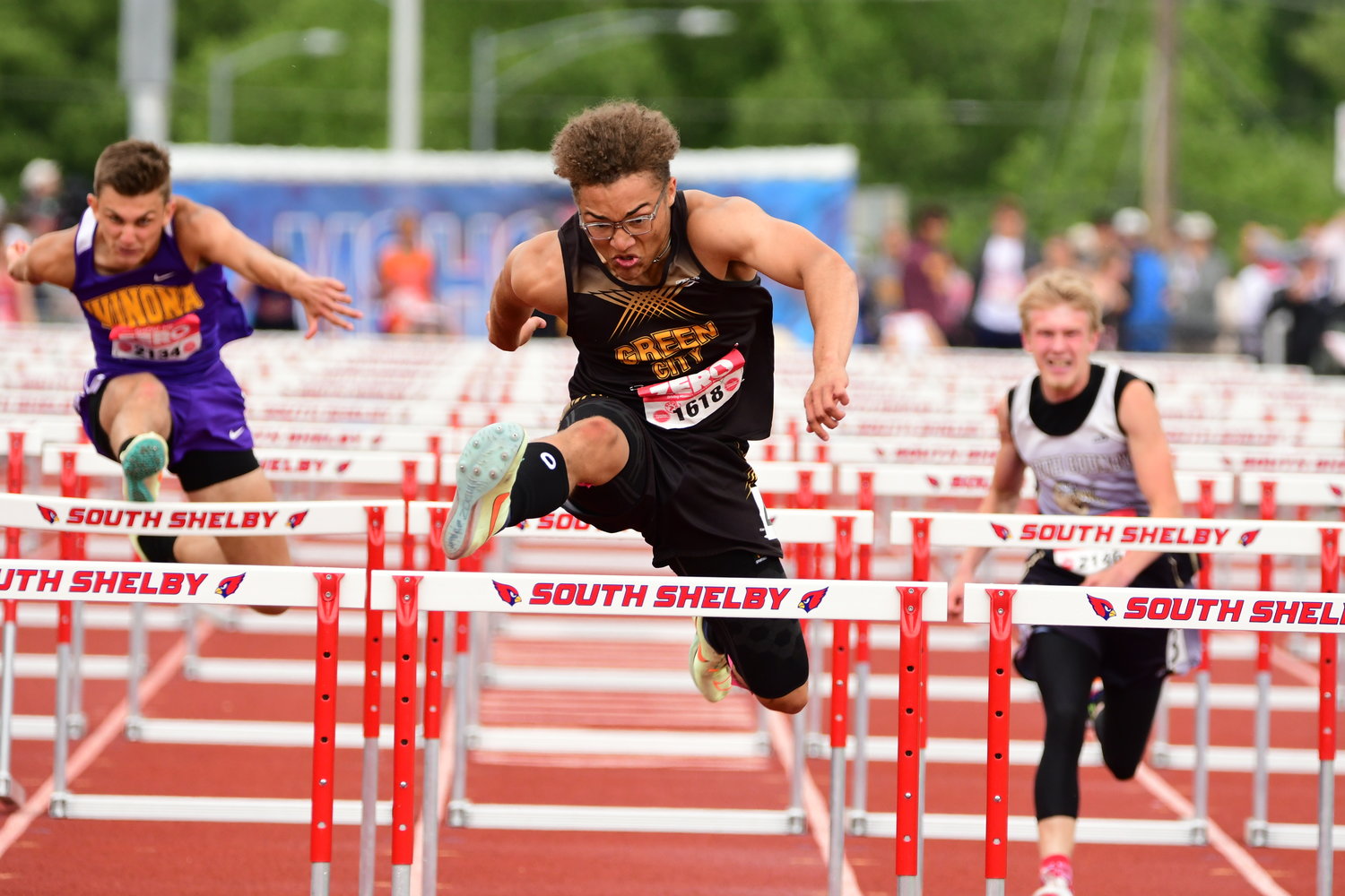 Green City's Asher Buggs-Tipton leads the pack during the Class 1 boys 110m hurdles race at the 2022 MSHSAA State Track Championships.