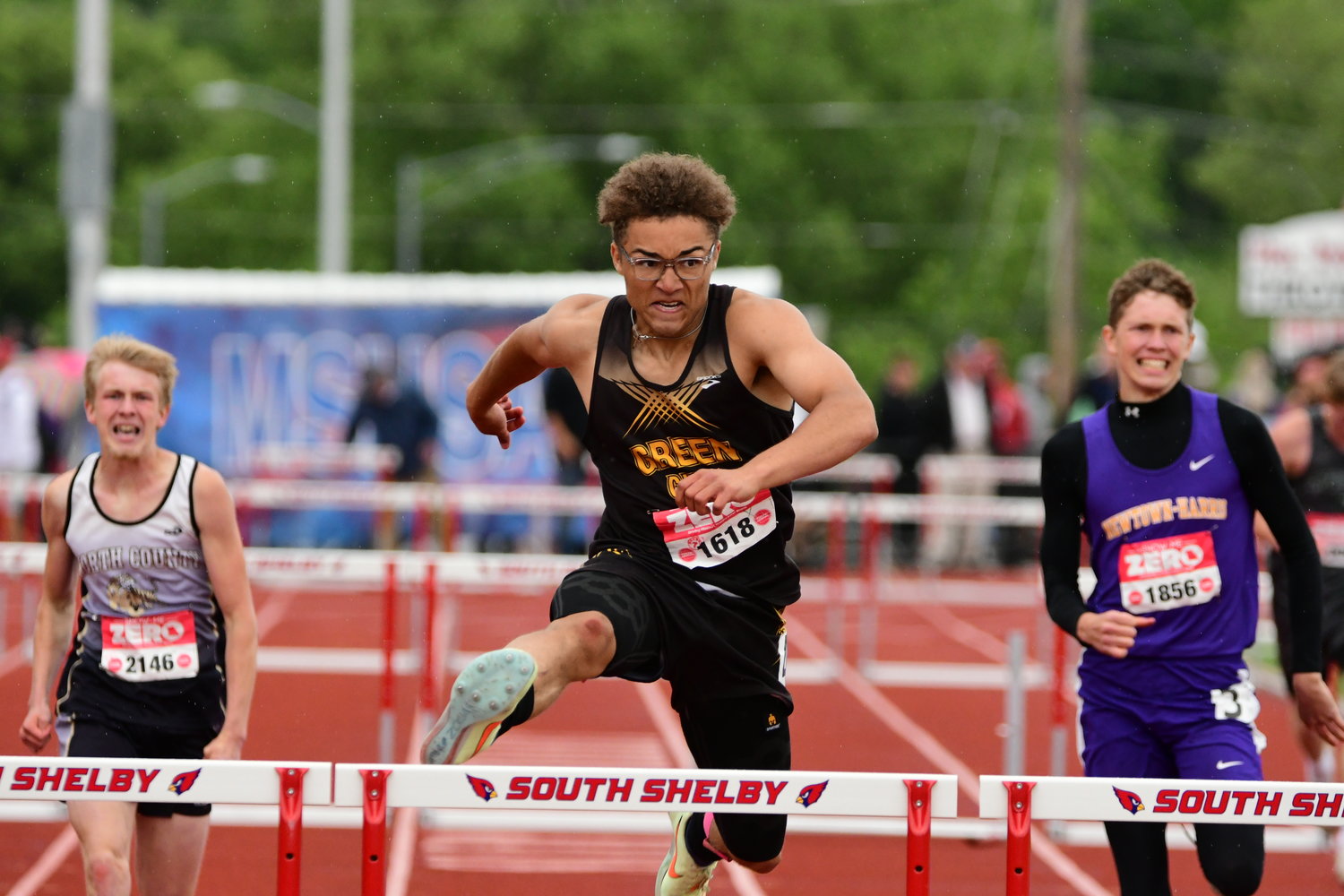 Green City's Asher Buggs-Tipton runs in the Class 1 boys 300m hurdles at the 2022 MSHSAA State Track Championships.