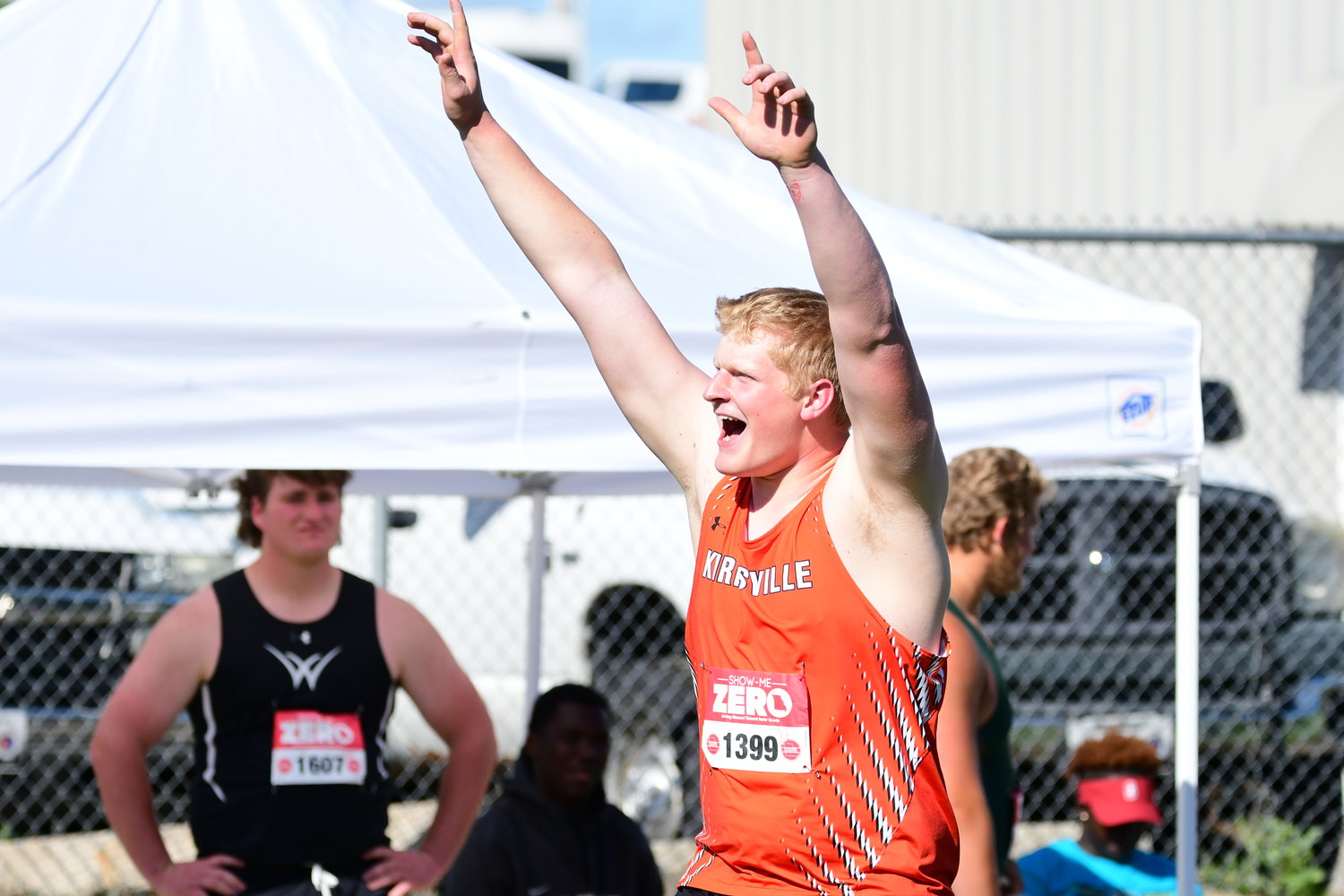 Kirksville's Owen Fraser celebrates after setting a new school discus record with a throw of 56.92 meters.