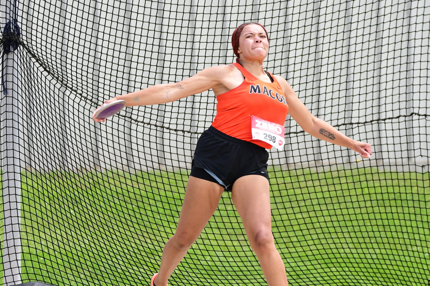 Macon's Jasmine Outlaw competes in the Class 3 girls discus at the 2022 MSHSAA State Track and Field Championships.