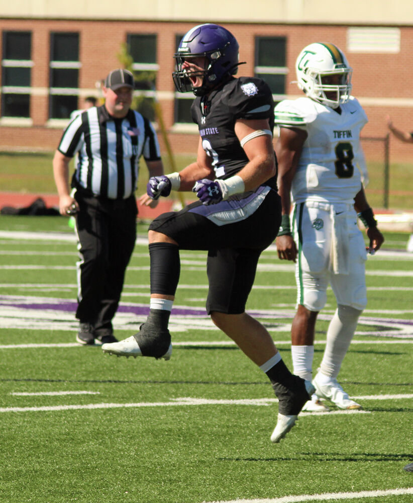 Truman State defensive back Ben Watson celebrates a big hit against Tiffin in the game on Sept. 24. 