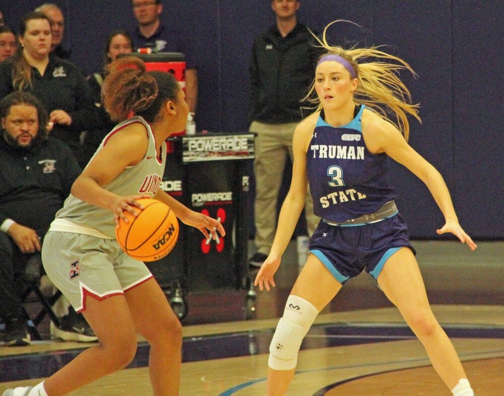Truman guard Gracie Stugart defends on the perimeter against Indianapolis on Nov. 28. 