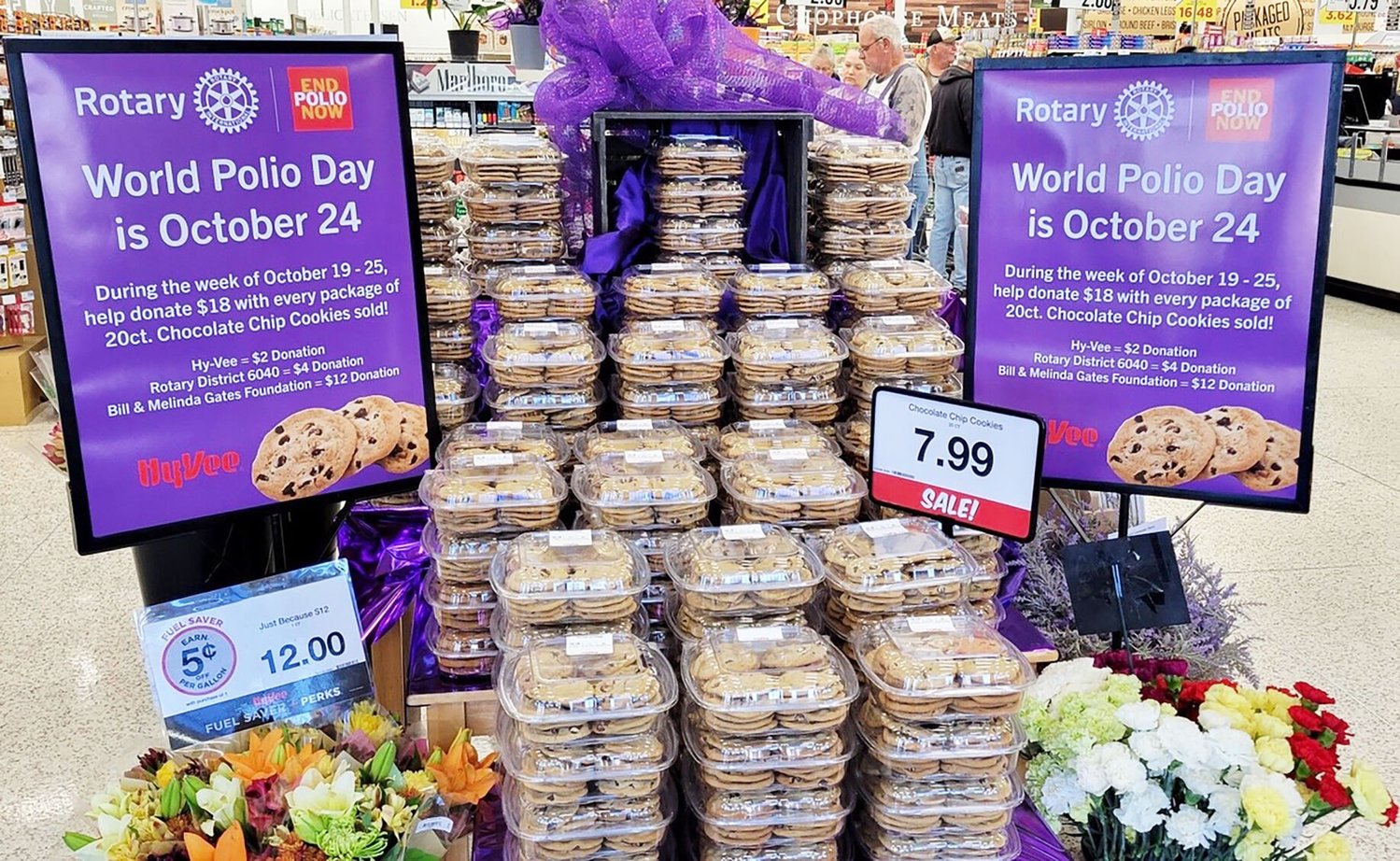 The Kirksville Hy-Vee store, in cooperation with the Rotary Club of Kirksville, will sell chocolate chip cookies for polio eradication during the week of Oct. 19-25. For every package of 20 cookies sold for $7.99, $18 will be donated to the cause. Hy-Vee will donate $2; Rotary District 6040, $4; and the Bill and Melinda Gates Foundation, $12.