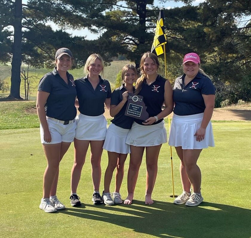 The Kirksville girls golf team poses on the green after placing second at the Class 2 District 2 Tournament on Monday. The team will play in the state tournament next week. 