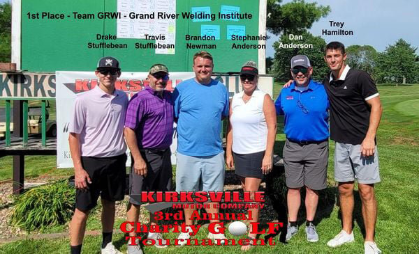 The first-place team in the Kirksville Motor Company Charity Golf Tournament poses following their round. 