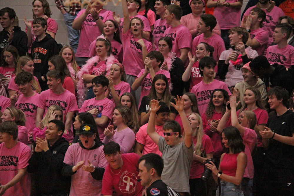 The Kirksville student section celebrates a third-quarter dunk from senior Isaac Danielson against Hannibal on Jan. 13. 