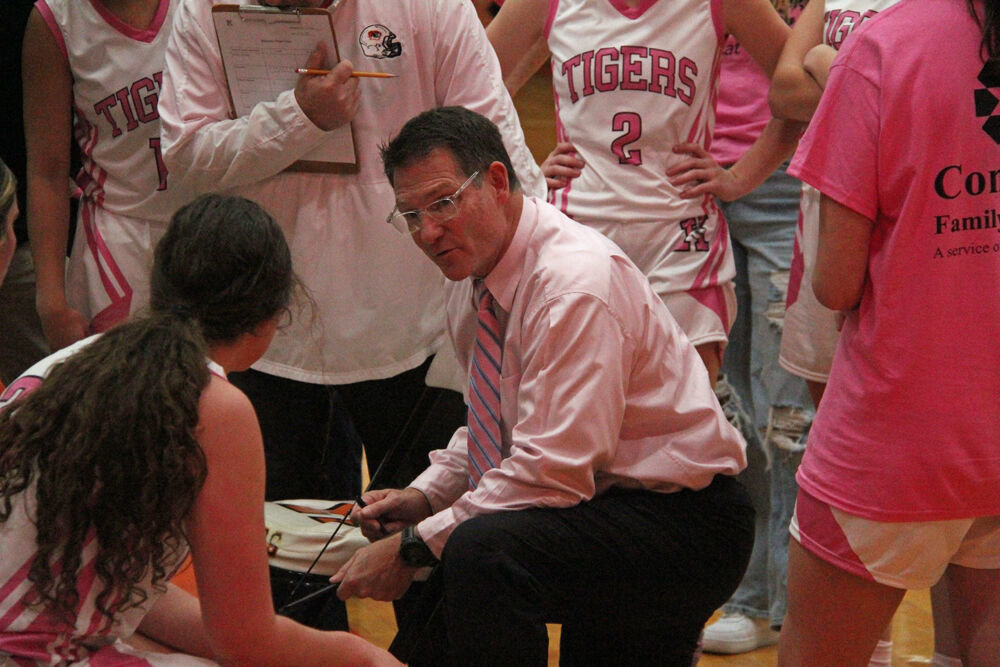 Kirksville girls basketball head coach Nick Totta addresses the team during a timeout against Hannibal on Jan. 13. 