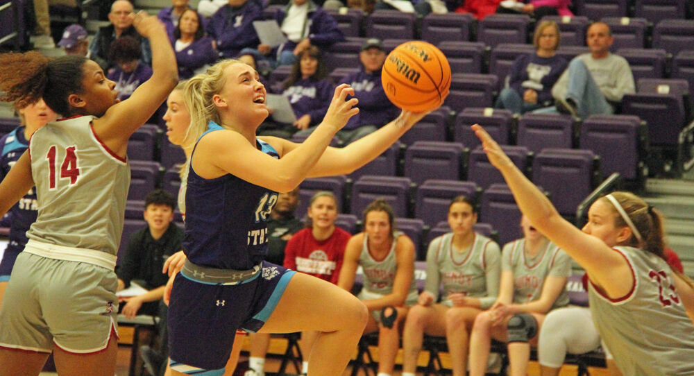 Truman guard Hannah Belanger drives for a layup against Indianapolis on Nov. 28. 