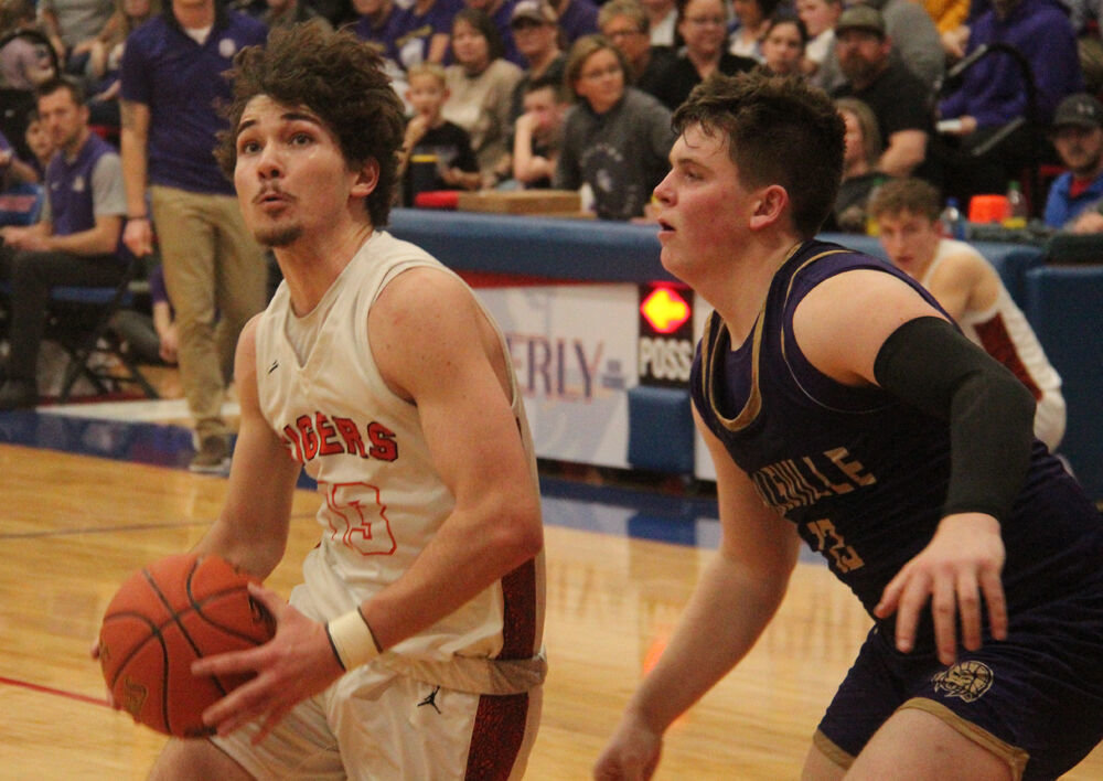 Kirksville senior Keaton Anderson drives to the basket against Hallsville on March 3. 