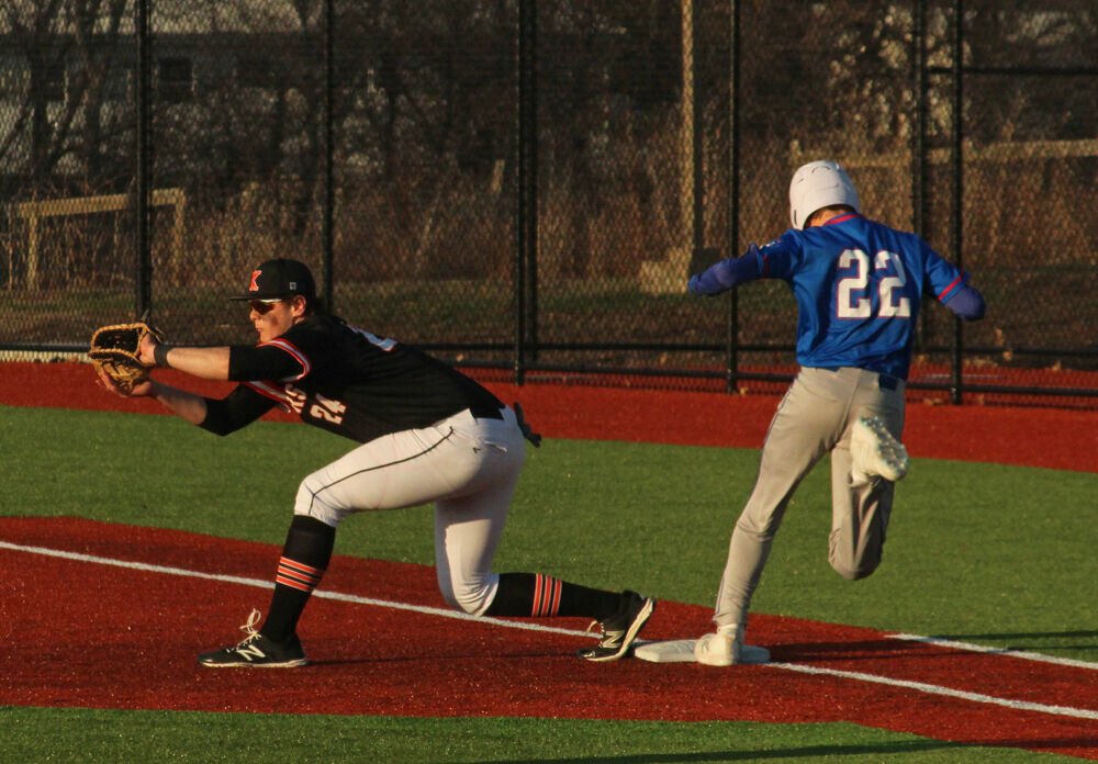 Kirksville senior Camden Dempsay stretches to record a putout at first base against Moberly on March 27. 