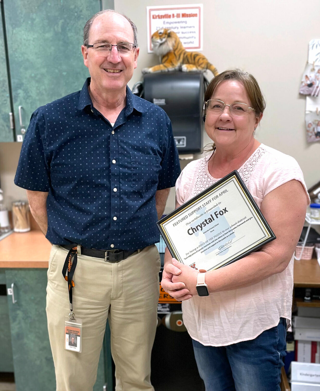 Chrystal Fox, originally from Eddyville, Iowa, has been a nurse for 33 years, seven of them at Kirksville Primary School. "Best job ever," she said about her work. 
