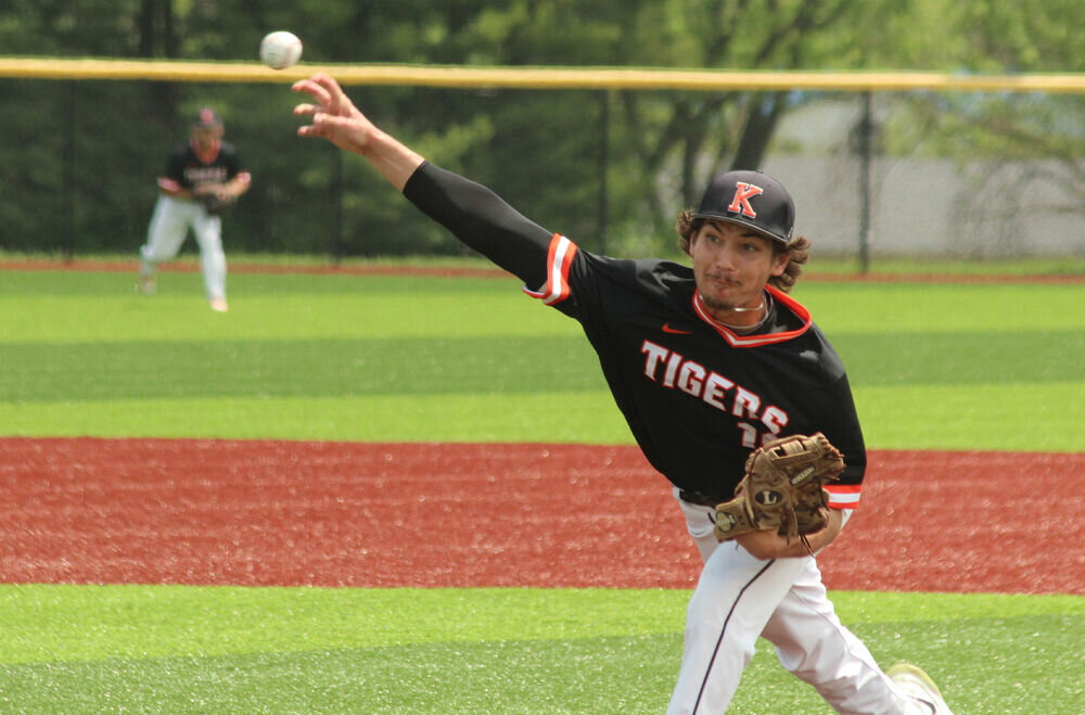 Kirksville senior Keaton Anderson releases a pitch in the district game against Centralia on May 13. 