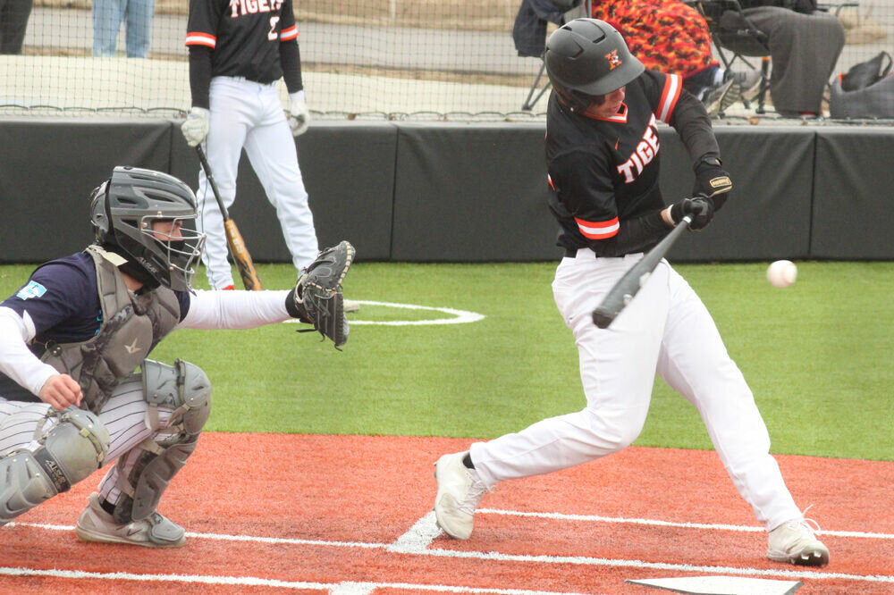 Kirksville junior Connor Hall swings on what would become a single in the game against Father Tolton on April 22. 