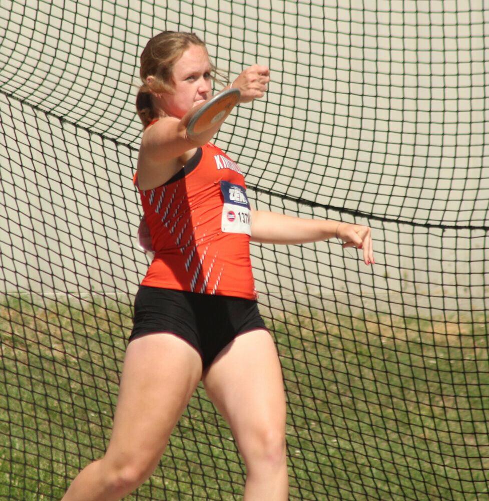 Kirksville junior Amber Dierling releases on a throw in the girls' discus event in Jefferson City on May 26. 
