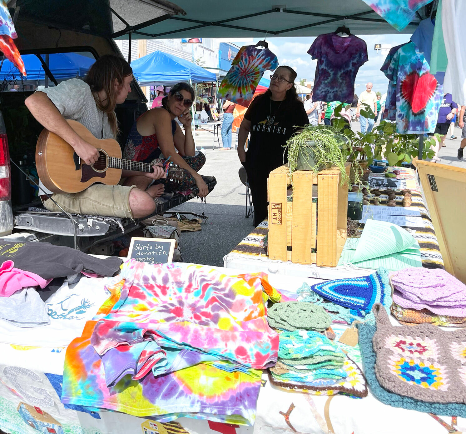 Strumming a guitar as visitors hunt for bargains at the Red Barn Arts and Crafts Festival.