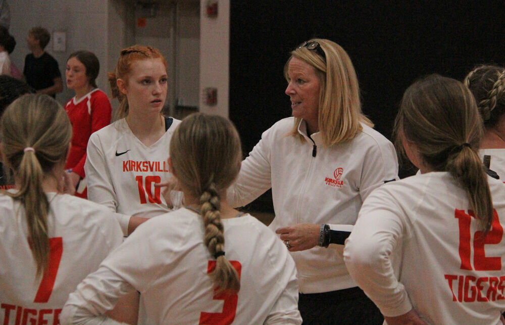 Kirksville head coach Melissa Dempsay addresses the team during a timeout against Hannibal on Sept. 21. 