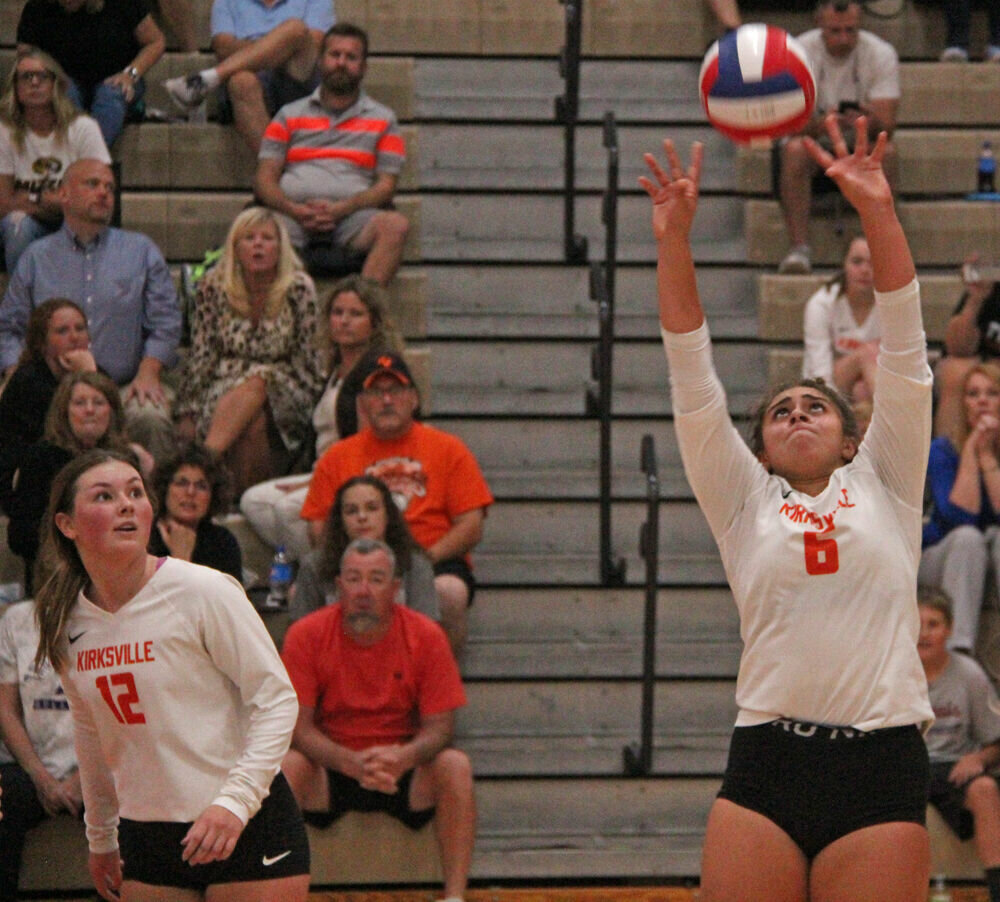 Kirksville's Lili Donjuan (6) sets the ball as Ellen McNeely looks on during the match against Hannibal on Sept. 21. 