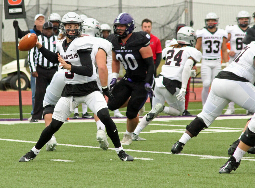 Indianapolis quarterback Gavin Sukup looks to throw in the game against Truman State on Oct. 14. 