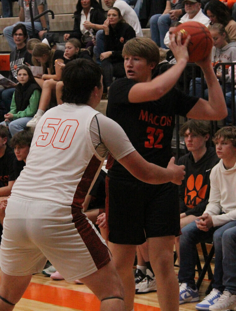 Macon sophomore Kace Holman looks to pass the ball from the corner in the game against Kirksville on Nov. 30. 