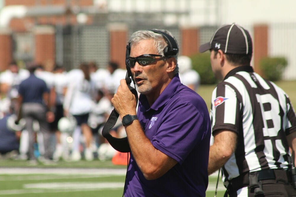 Truman State head coach Gregg Nesbitt returns to the sideline after talking with an official during a timeout in the game against South Dakota Mines on Sept. 9, 2023. 