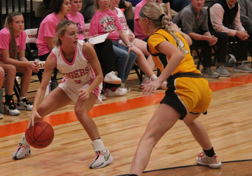 Kirksville sophomore Mya Harris gathers the ball on the perimeter in the game against Fulton on Feb. 9. 