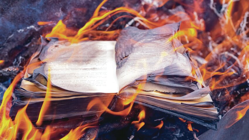 Burning books. An open book on the hearth