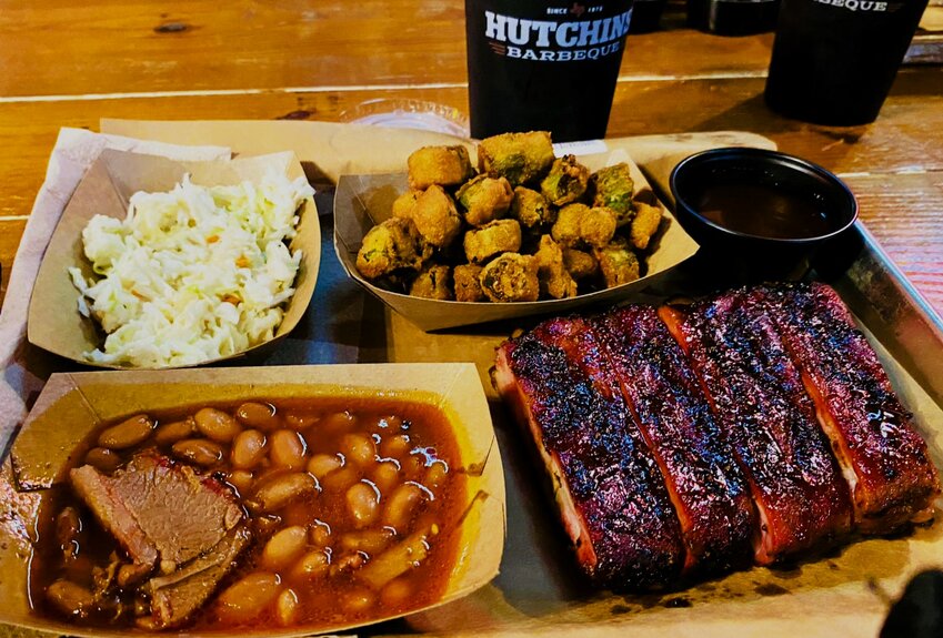 Delicious ribs, cole slaw, fried okra and barbecue beans at Hutchins BBQ in Frisco, Texas.