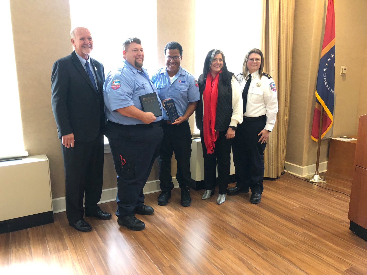 Pictured (l to r) are Mayor George Bass, 2022 AMR First Responder of the Year recipients Roy Williams and Brayden Lynch, Long Beach Chamber of Commerce Chair Melissa Rae Seymour, and AMR Chief Dana Thrower.