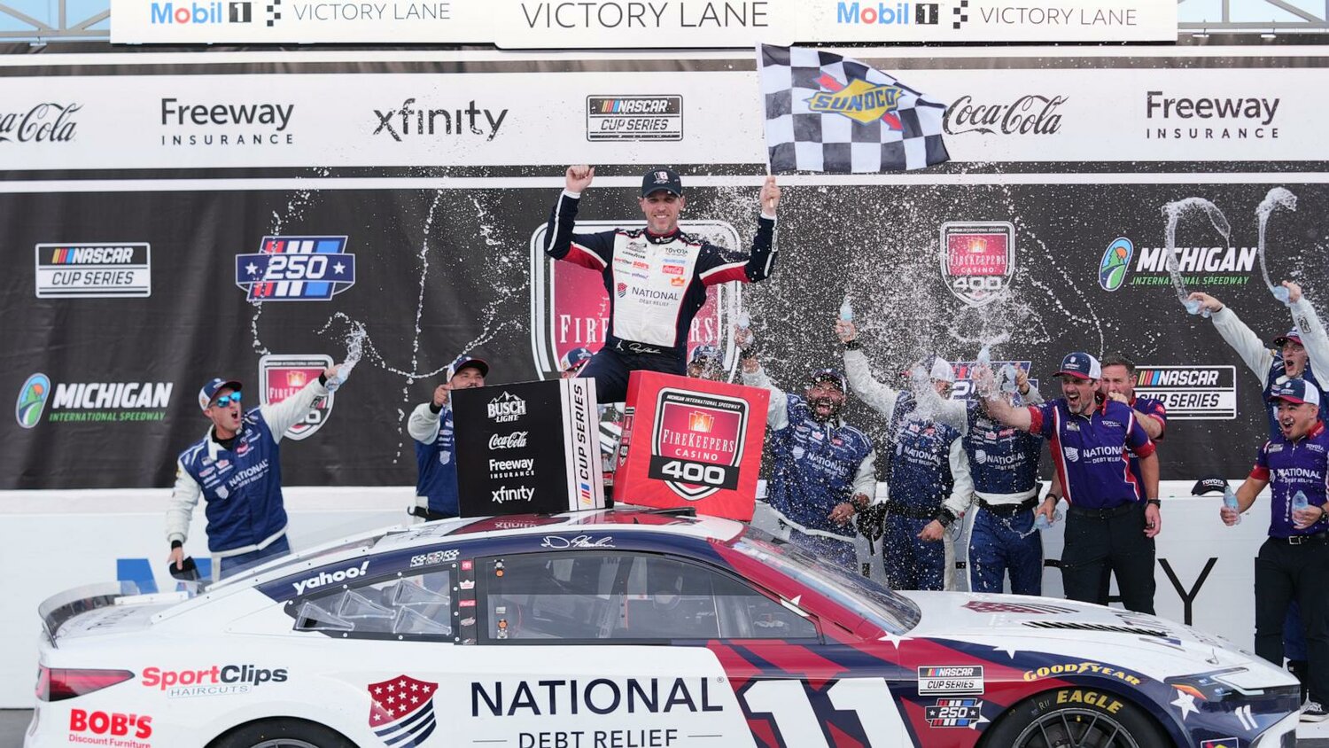 Denny Hamlin will start his three-peat bid from the pole at Pocono