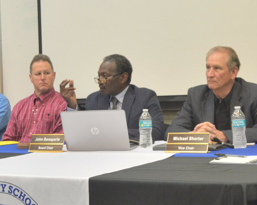 Clarendon County School Board Chairman John Bonaparte addresses the crowd during the Feb. 3 meeting, reaffirming the district's adherence to state policies on make-up days.