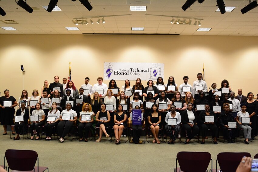 ewly inducted members of the F.E. DuBose Career Center District Chapter of the National Technical Honor Society proudly display their certificates after the school&rsquo;s largest-ever induction ceremony.