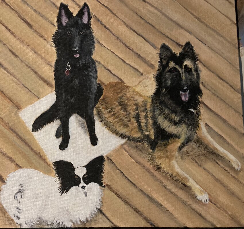 One of Clarey’s paintings, featuring three furry friends in Clarey’s unique art style.