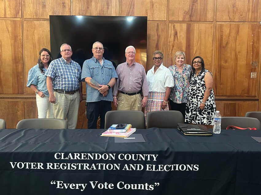 The newly reorganized Clarendon County Voter Registration and Elections Board is pictured following officer elections on April 28, 2025. From left are Andrea Killman (Secretary), Brian Magaw (Vice Chair), Michael Streath, Edward Gamble III (Chair), Maggie Robertson, Kathryn Turbeville, and Mattie Johnson. Not pictured are Rebecca Battle-Bryant, who resigned at the meeting, and Betsy Watson.