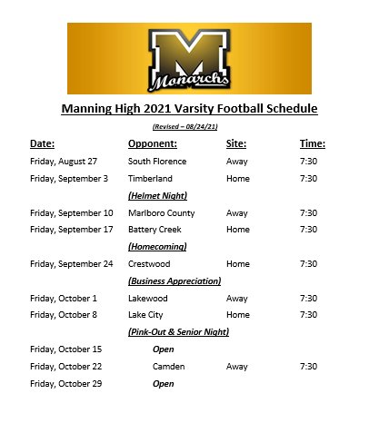 Manning High School Varsity Football Schedule - Revised | Manning Live