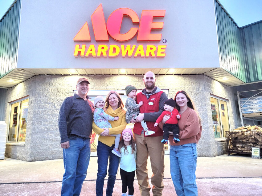 David and Sandi Konrath sold Horicon Ace Hardware to their daughter and son-in-law, Kristine and Vance Mattila, on January 1, 2025. From left are Dave, Emma, Sandi, Charlee, Jolene, Vance, Ren and Kristine.