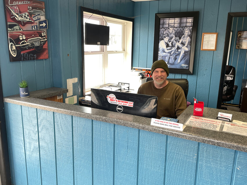 Andy Vollert is ready to greet customers behind the counter at his new business, Andy's Autocare LLC, in Merrill.